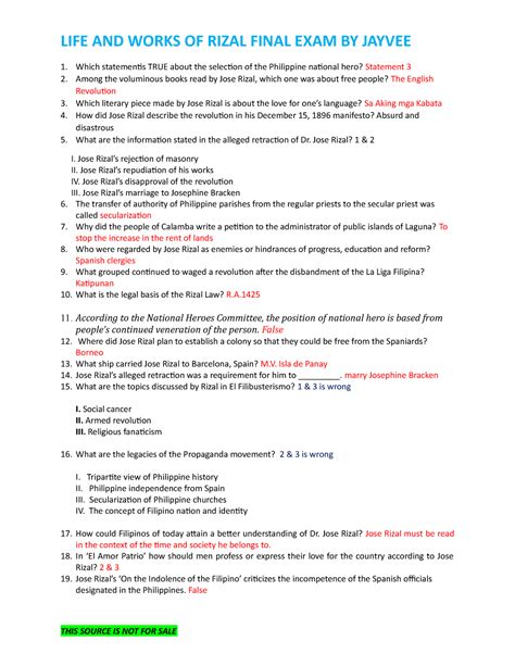 Life and Works of Rizal Final Exam Reviewer .